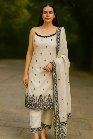 KPD-357-1 White & Black Embroidered Cotton Kurta Pant Dupatta Set