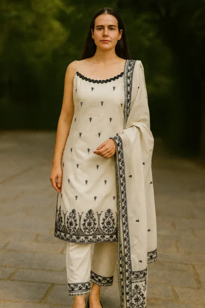 KPD-357-1 White & Black Embroidered Cotton Kurta Pant Dupatta Set