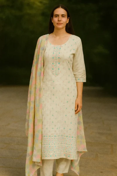 KPD-358-1 Pastel Embroidered Cotton Kurta Pant Dupatta Set