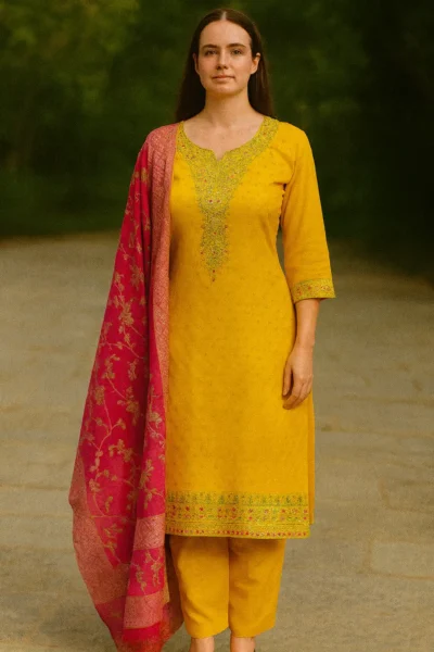 KPD-359-1 Yellow Silk Jacquard Kurta Pant Dupatta Set
