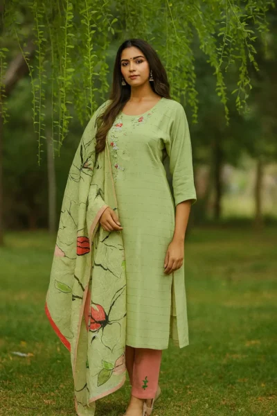 KPD-360-1 Pastel Green Heavy Rayon Self Lines Kurta Pant Dupatta Set