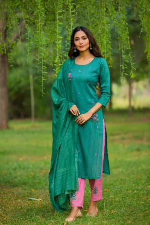 KPD-361-1 Emerald Green Imported Silk Kurta Pant Dupatta Set with Lining