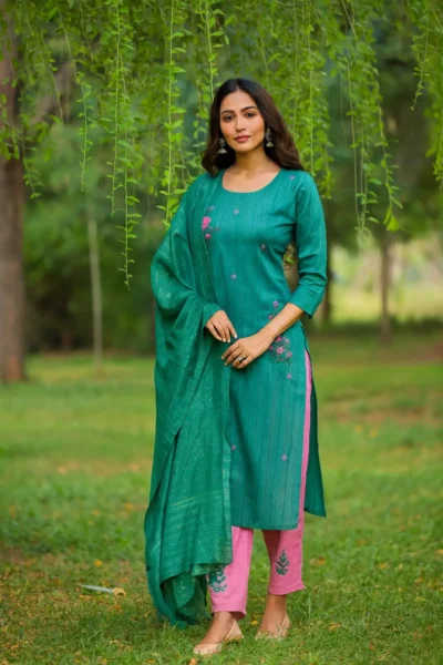 KPD-361-1 Emerald Green Imported Silk Kurta Pant Dupatta Set with Lining