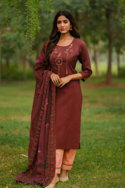 KPD-362-1 Maroon Imported Silk Kurta Pant Dupatta Set with Embroidered Detailing