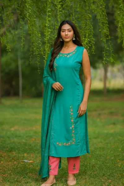 KPD-363-1 Teal Heavy Rayon Kurta Pant Dupatta Set with Embroidered Detailing