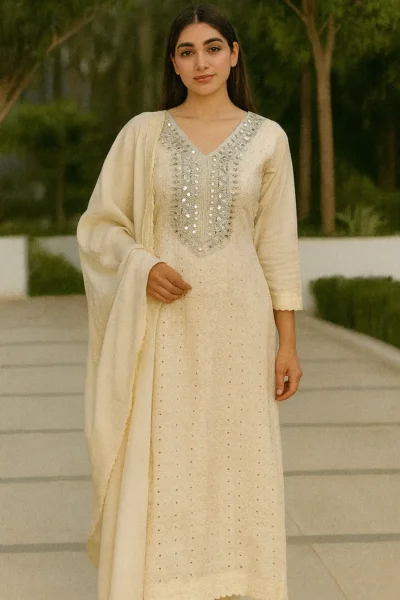 KPD-368-1 Mirror Work Cotton Kurta with Pant and Dupatta