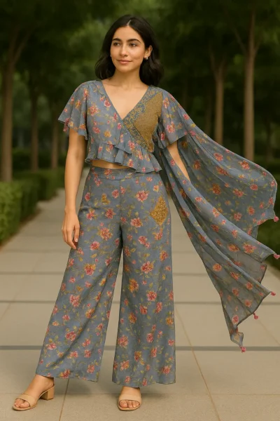 KPD-369-1 Floral Georgette Crop Top with Pant and Dupatta