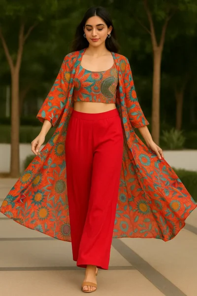 KPD-370-1 Vibrant Crepe Printed Top with Shrug and Solid Pant Set