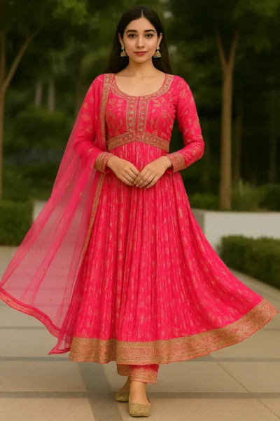 KPD-371-1 Pink Chinon Embroidered Anarkali with Dupatta