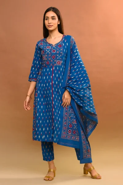 KPD-372-1 Blue Ikkat Cotton Kurta Pant Dupatta Set