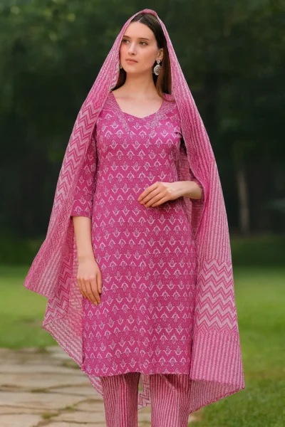 KPD-373-1 Pink Cotton Printed Kurta Pant with Dupatta