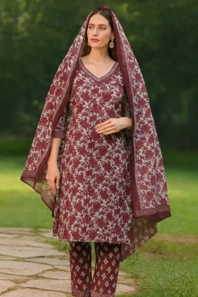 KPD-374-1 Maroon Cotton Printed Kurta Pant with Dupatta