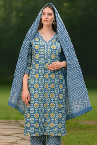 KPD-375-1 Blue Cotton Printed Kurta Pant with Dupatta