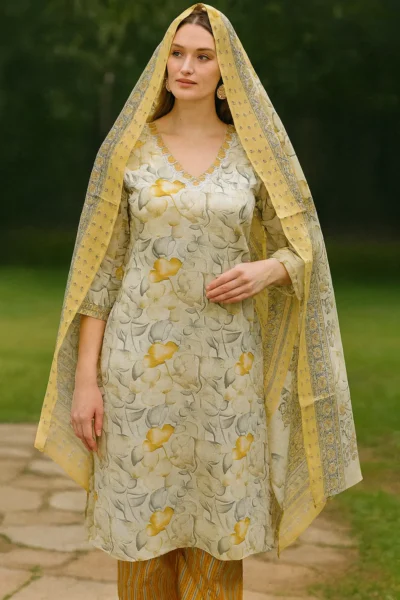 KPD-376-1 Yellow Floral Cotton Kurta Pant with Dupatta