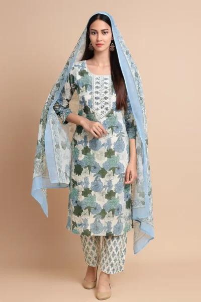 KPD-377-1 Blue Floral Cotton Kurta Pant with Dupatta