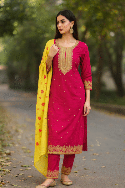 KPD-378-1 Pink Roman Silk Embroidered Kurta with Pant and Dupatta