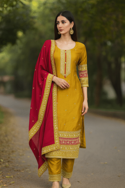 KPD-379-1 Mustard Vichitra Silk Embroidered Kurta with Pant and Red Dupatta