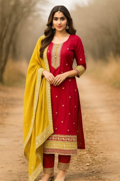 KPD-380-1 Maroon Vichitra Silk Embroidered Kurta with Pant and Mustard Dupatta