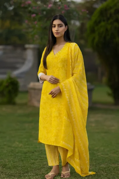 KPD-381-1 Yellow Cotton Printed Kurta Pant Dupatta Set