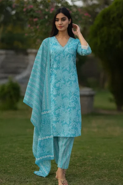 KPD-382-1 Sky Blue Cotton Printed Kurta Pant Dupatta Set