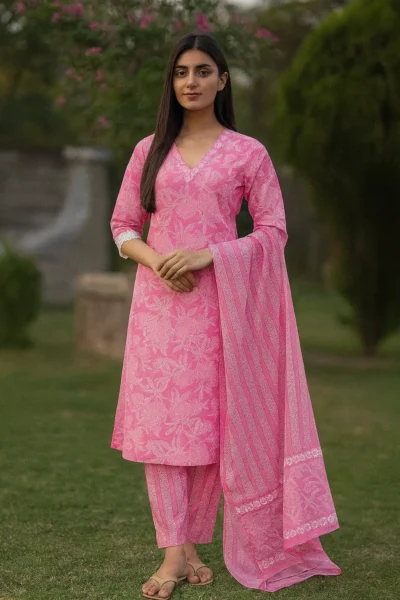 KPD-383-1 Pink Cotton Printed Kurta Pant Dupatta Set