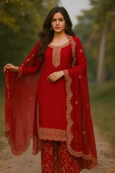 KPD-384-1 Red Georgette Embroidered Kurta Plazo Dupatta Set