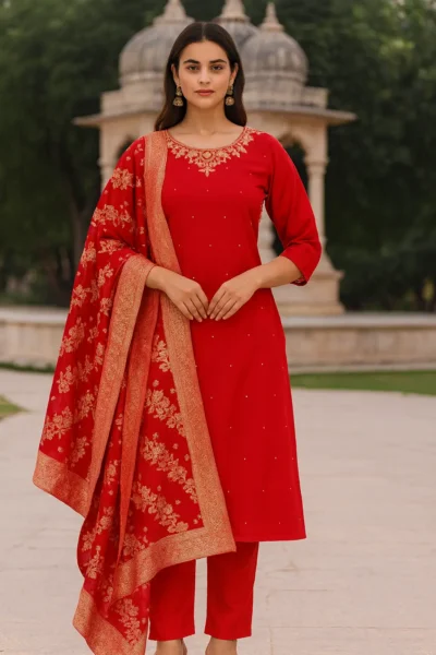 KPD-385-1 Red Silk Embroidered Kurta Pant with Banarasi Dupatta