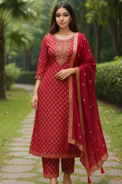 KPD-386-1 Red Banarasi Silk Embroidered Kurta Pant with Banarasi Dupatta