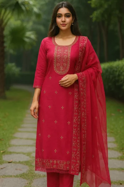 KPD-389-1 Cotton Silk Embroidered Kurta Pant with Banarasi Dupatta