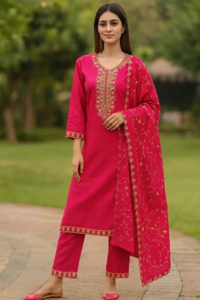 KPD-393-1 Pink Summer Embroidered Kurta Set with Heavy Embroidery Dupatta