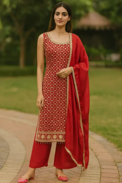KPD-395-1 Red Silk Embroidered Kurta Set with Banarasi Dupatta