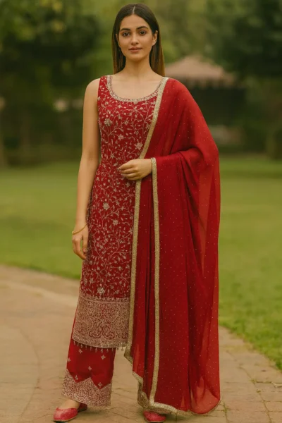 KPD-396-1 Red Silk Embroidered Kurta Set with Banarasi Dupatta