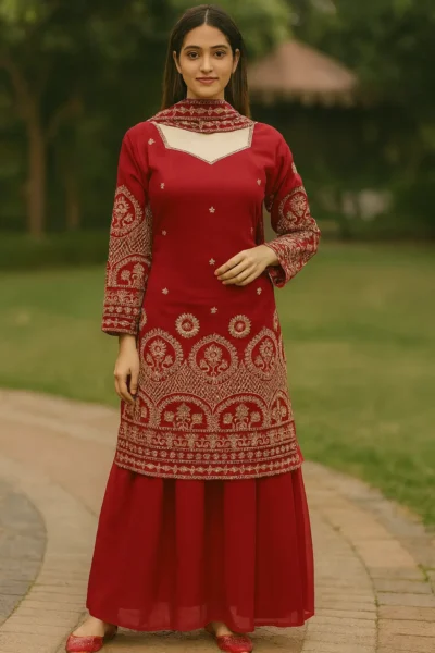 KPD-397-1 Red Embroidered Kurta Set with Banarasi Dupatta