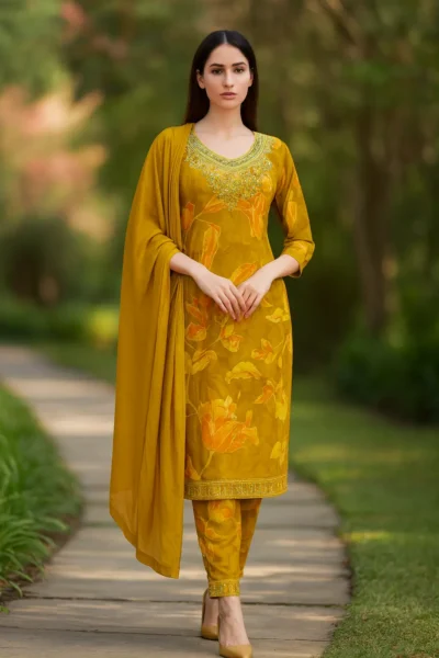 KPD-399-1 Mustard Yellow Rayon Printed Embroidered Kurta Pant Dupatta Set
