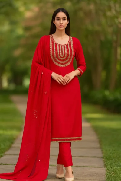 KPD-400-1 Red Cotton Silk Embroidered Kurta Pant Dupatta Set