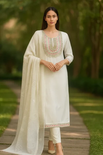 KPD-401-1 White Cotton Silk Embroidered Kurta Pant Dupatta Set
