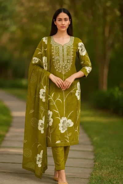 KPD-402-1 Olive Green Rayon Printed Embroidered Kurta Pant Dupatta Set