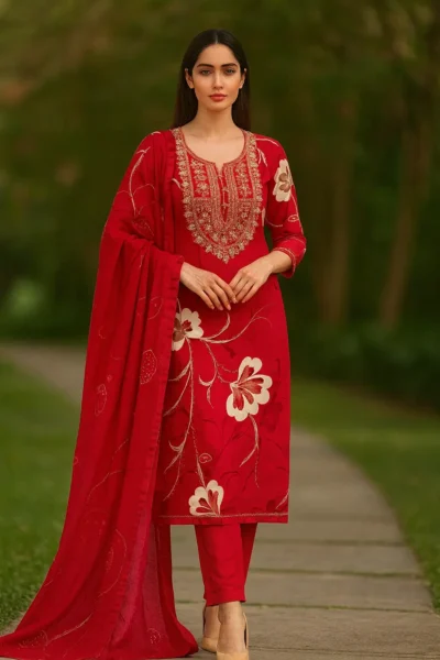 KPD-403-1 Red Rayon Printed Embroidered Kurta Pant Dupatta Set