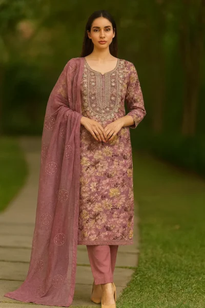 KPD-404-1 Lavender Floral Rayon Embroidered Kurta Pant Dupatta Set