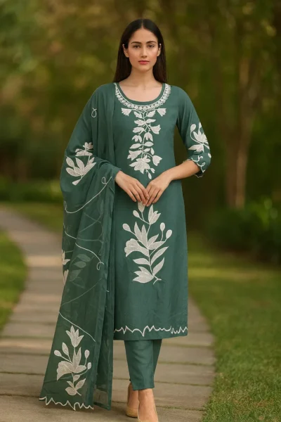 KPD-405-1 Teal Green Muslin Silk Embroidered Kurta Pant Dupatta Set