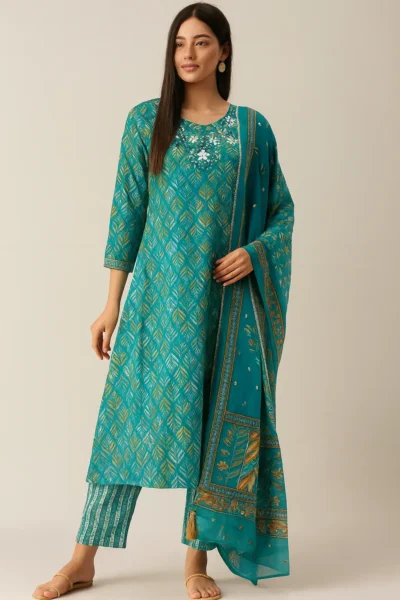 KPD-406-1 Teal Muslin Silk Printed Embroidered Kurta Pant Dupatta Set