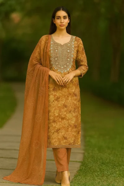 KPD-407-1 Brown Muslin Silk Printed Embroidered Kurta Pant Dupatta Set