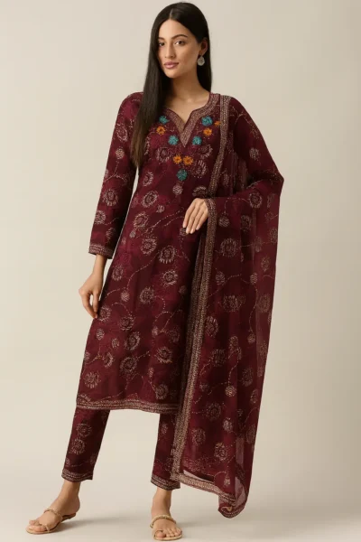KPD-408-1 Maroon Rayon Printed Embroidered Kurta Pant Dupatta Set