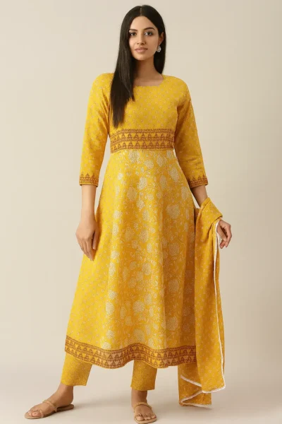 KPD-409-1 Mustard Camric Cotton Printed Embroidered Frock Style Kurta Pant Dupatta Set