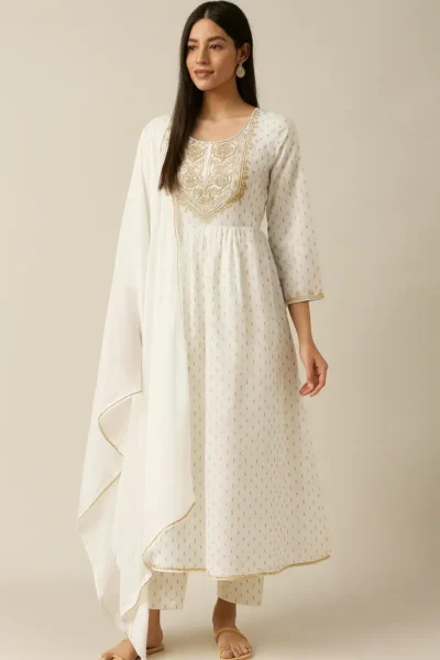 KPD-410-1 White Camric Cotton Embroidered Frock Style Kurta Pant Dupatta Set