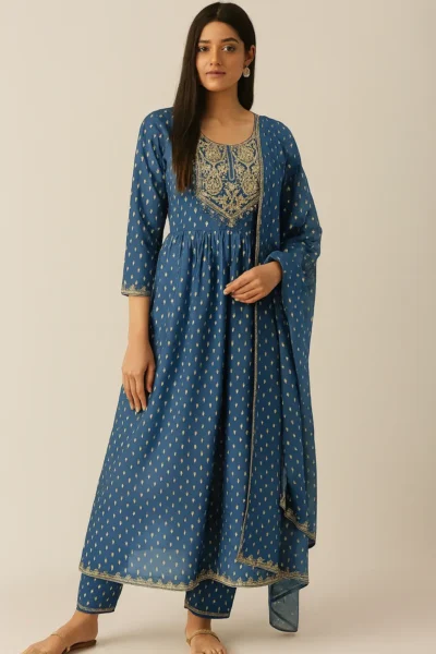 KPD-411-1 Blue Camric Cotton Embroidered Frock Style Kurta Pant Dupatta Set