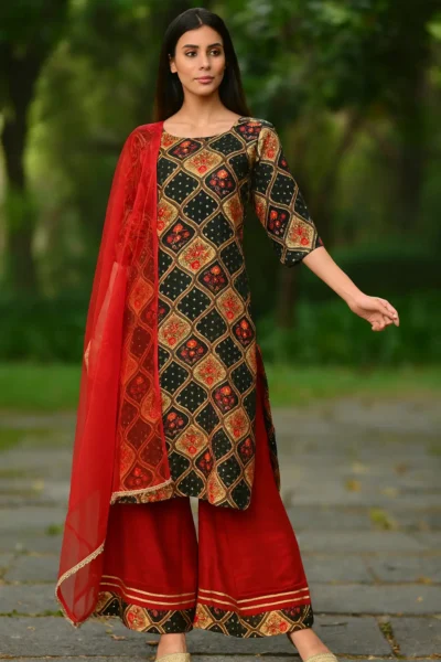 KPD-414-1 Black & Red Rayon Foil Print Embroidered Kurta Sharara Pant Dupatta Set