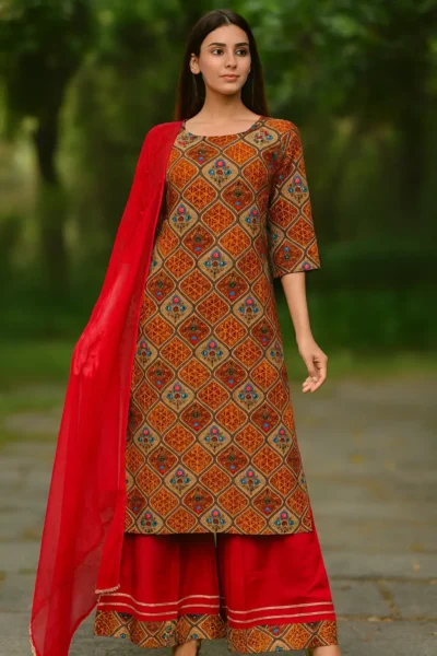 KPD-415-1 Brown & Red Rayon Foil Print Embroidered Kurta Sharara Pant Dupatta Set