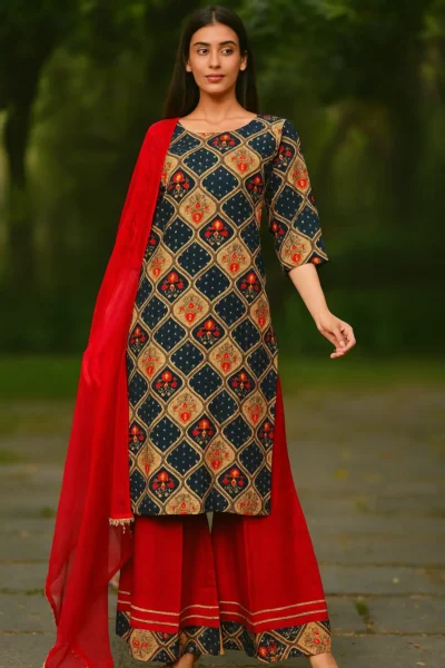 KPD-416-1 Navy Blue & Red Rayon Foil Print Embroidered Kurta Sharara Pant Dupatta Set
