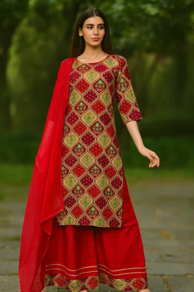 KPD-417-1 Maroon & Green Rayon Foil Print Embroidered Kurta Sharara Pant Dupatta Set